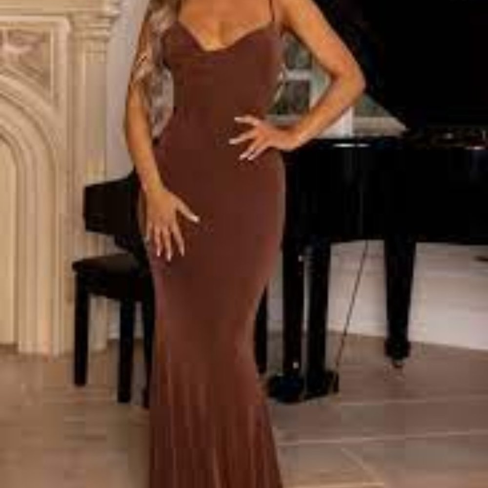 PHANTASY CHOCOLATE BROWN ASYMMETRIC NECKLINE COWL MAXI DRESS